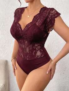 Lace Deep V-Neck Short Sleeve Sheer Bodysuit, Made Of Slightly Stretchy Fabric, Sexy Women's Lace Bodysuit For Spring And Summer - Burgundy - View 2