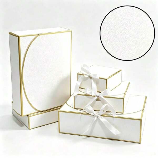 1/8/16pcs Pack Embossed White Gold Rim Flip Gift Boxes With Satin Bow Ribbon, Rectangle Empty Packaging Boxes, Size 10.6*7.8*3.1 Inches, Perfect For Wedding Bridesmaid Favors, Candy & Cosmetic Gifts