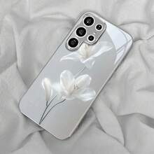 Phone Case - Artistic Qinglan White Flower New Electroplated Silver Phone Case for  Galaxy S25Ultra, S25 Plus, S25, S24Ultra, S24FE, S24, S23Ultra - Plateado - Ver 3