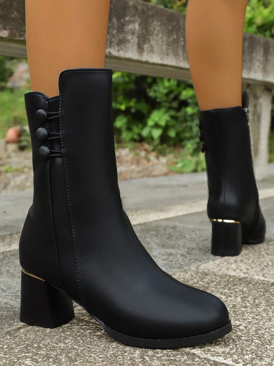 Fashionable Versatile Women's Chunky Heel Leather Patchwork Button Decor Side Zipper Round Toe Ankle Boots, Warm Thermal Lining, Slimming Fashion Boots, Suitable For Street, Outdoor, Wedding, Festival - Black - View 1