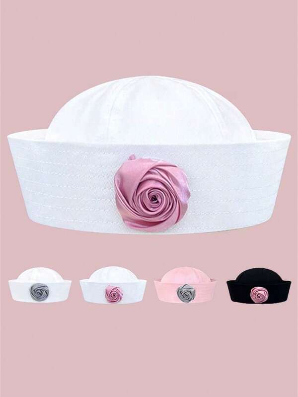 1pc Pink Rose 3D Sailor Hat, Sweet & Cute Folded Brim Sailor Cap, Soft Top Versatile Beret For Girls, Photography