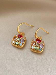 1 Pair Fashionable Luxury Exquisite Geometric Inlaid Colorful Cubic Zirconia Unique High-End Design Suitable For Ball Party Gathering Copper Alloy Women's Earrings - Multicolor - View 4