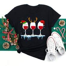 Feliz Navidad Árbol de Navidad Papá Noel Camiseta de Manga Corta de Moda para Mujer Talla Grande con Estampado de Dibujos Animados - Negro - Ver 7