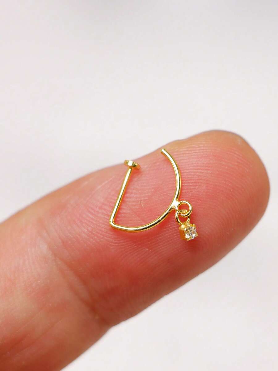 1pc Nose Ring Fashion D-Shape Punk Non Piercing Nose Clip 925 Sterling Silver Cubic Zirconia Dangling Jewelry - Gold - View 1