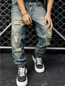 Herren Jeans Y2K Vintage Acid Wash Multi Ausgefranst Zerrissen Baggy Gerade Denim Hose Oversized Locker Skater Streetwear Lange Hose - Mittele Waschung - Übersicht 1