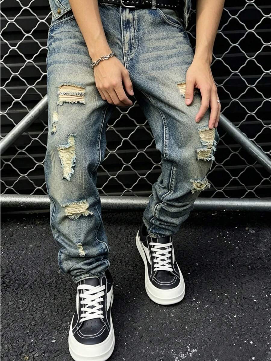 Herren Jeans Y2K Vintage Acid Wash Multi Ausgefranst Zerrissen Baggy Gerade Denim Hose Oversized Locker Skater Streetwear Lange Hose - Mittele Waschung - Übersicht 1