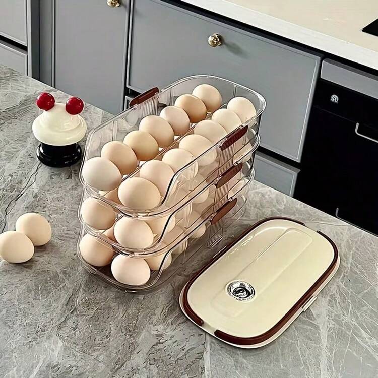1pc Transparent Automatic Rolling Egg Storage Box,Egg Utensils., 2/3-Tier Egg Storage Rack, Stackable Shatterproof Egg Dispenser With White Lid, Space-Saving Refrigerator Side Door Egg Holder, Easy Washable Kitchen Organizer Rack For Countertop Cabin - View 6
