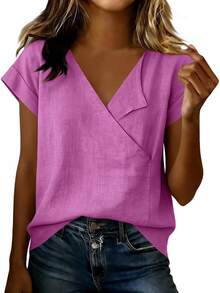 JOAU - Camisetas de algodón y lino para mujer, estilo casual, manga corta, cuello en V, holgadas, ligeras, de gasa - Gris - Ver 12