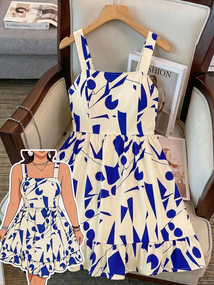Vestido de talla grande con estampado, lazo en la cintura y decoración para mujeres de vacaciones - Albaricoque - Añade 1