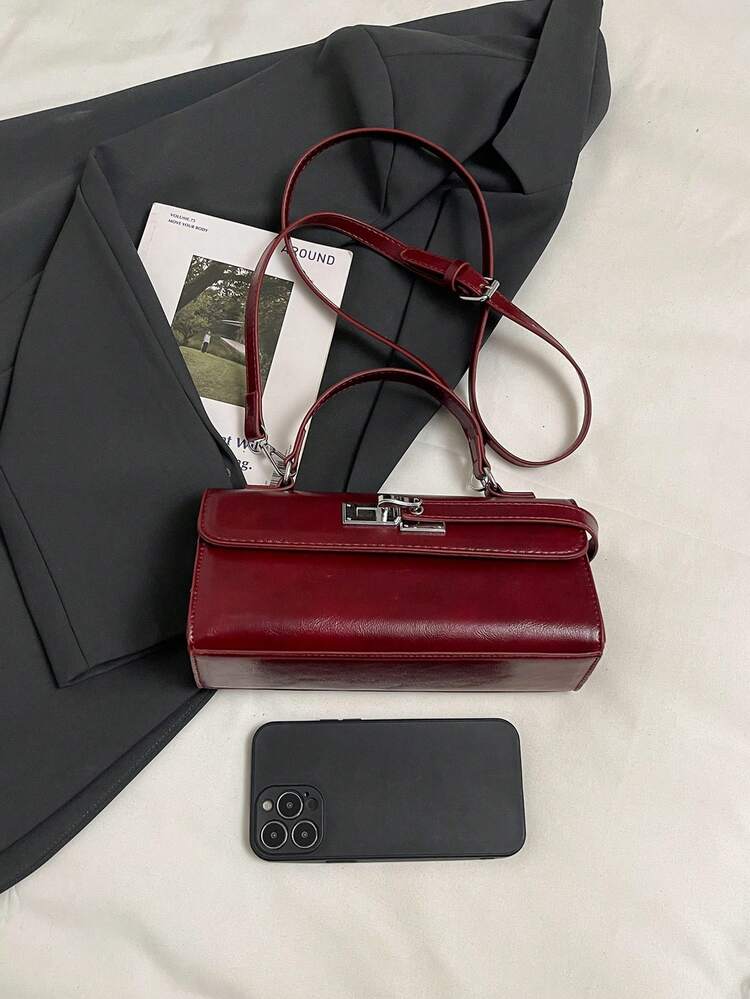 Women's Solid Color Faux Leather Flap Plaid Handbag & Crossbody Bag - Burgundy - View 4