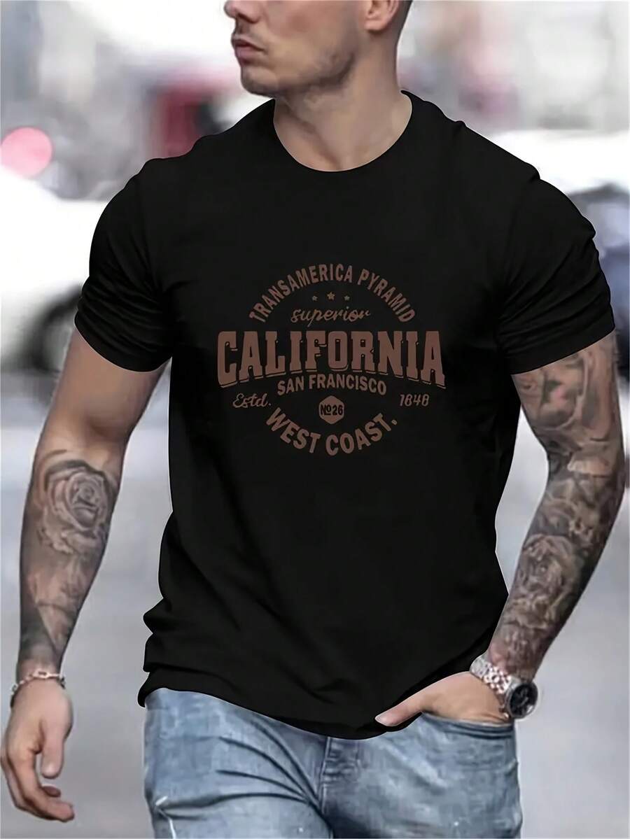 Men'S Pattern CALIFORNIA Print Regular Fit T-Shirt - 黑色 - 查看 1