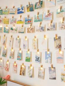 1pc 1-10m LED Copper Wire String Lights With Wooden Photo Clips, 10 Clips Per Meter (±2-3 Clips Error), Hanging Photo Cards Fairy Lights, Photo Wall Decoration Lights, Bedroom Atmosphere Decorative Light String, Suitable For Girls' Room Birthday Party Anniversary Home Decor - 銅色線 - 查看 7