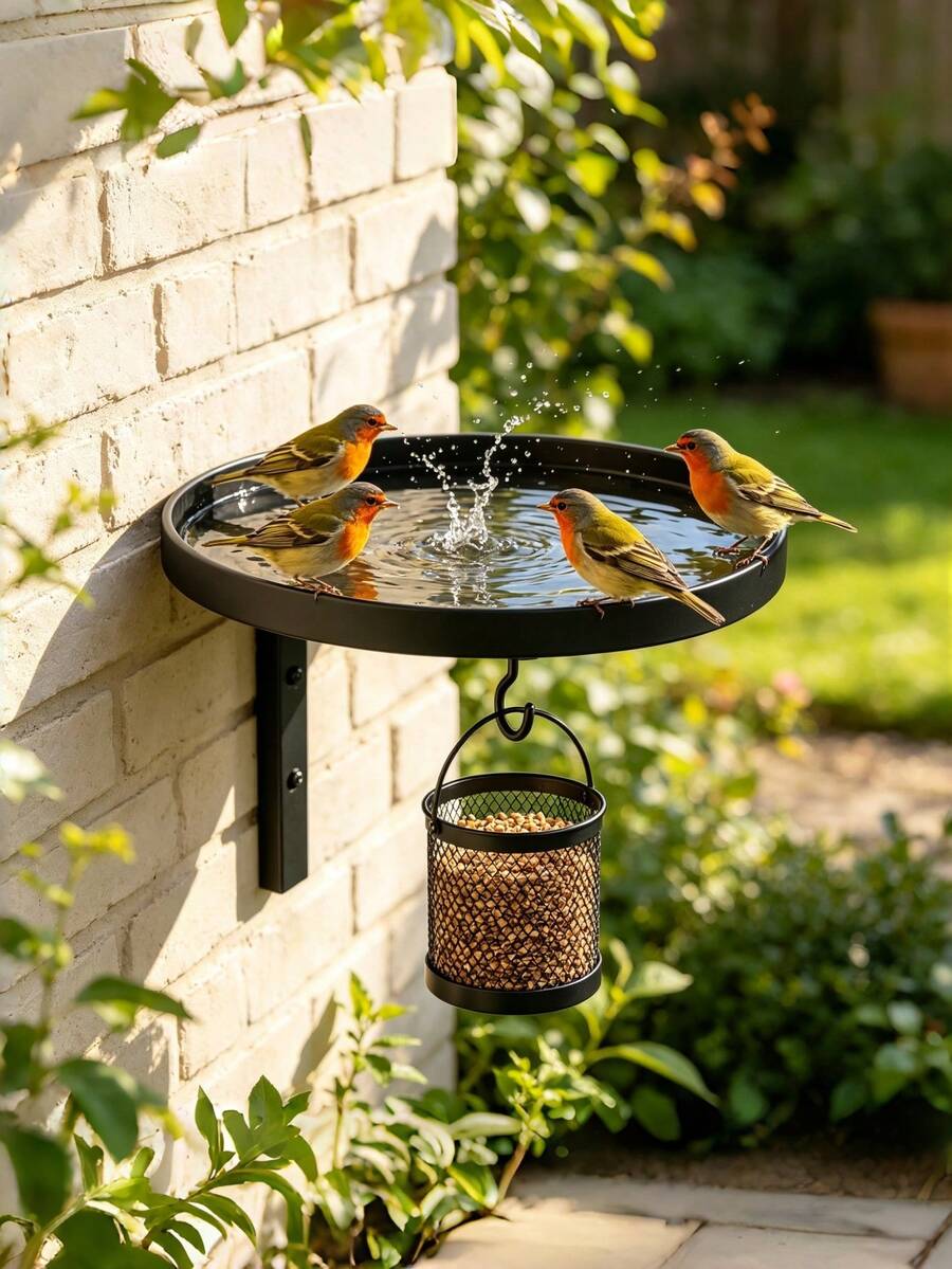 1pc Black Metal Wall-Mounted Bird Bath & Feeder Combo, Outdoor Hanging Bird Water Tray With Hook, Suitable For Garden And Yard - A - View 1