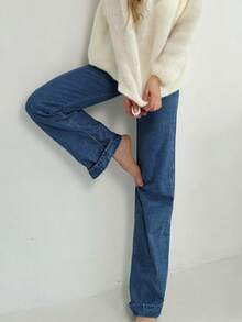Quần jeans nữ ống rộng cạp trung, kiểu dáng Y2K, màu trơn, thích hợp cho phong cách đường phố và mặc hàng ngày vào mùa xuân. - Rửa tối - Xem 5