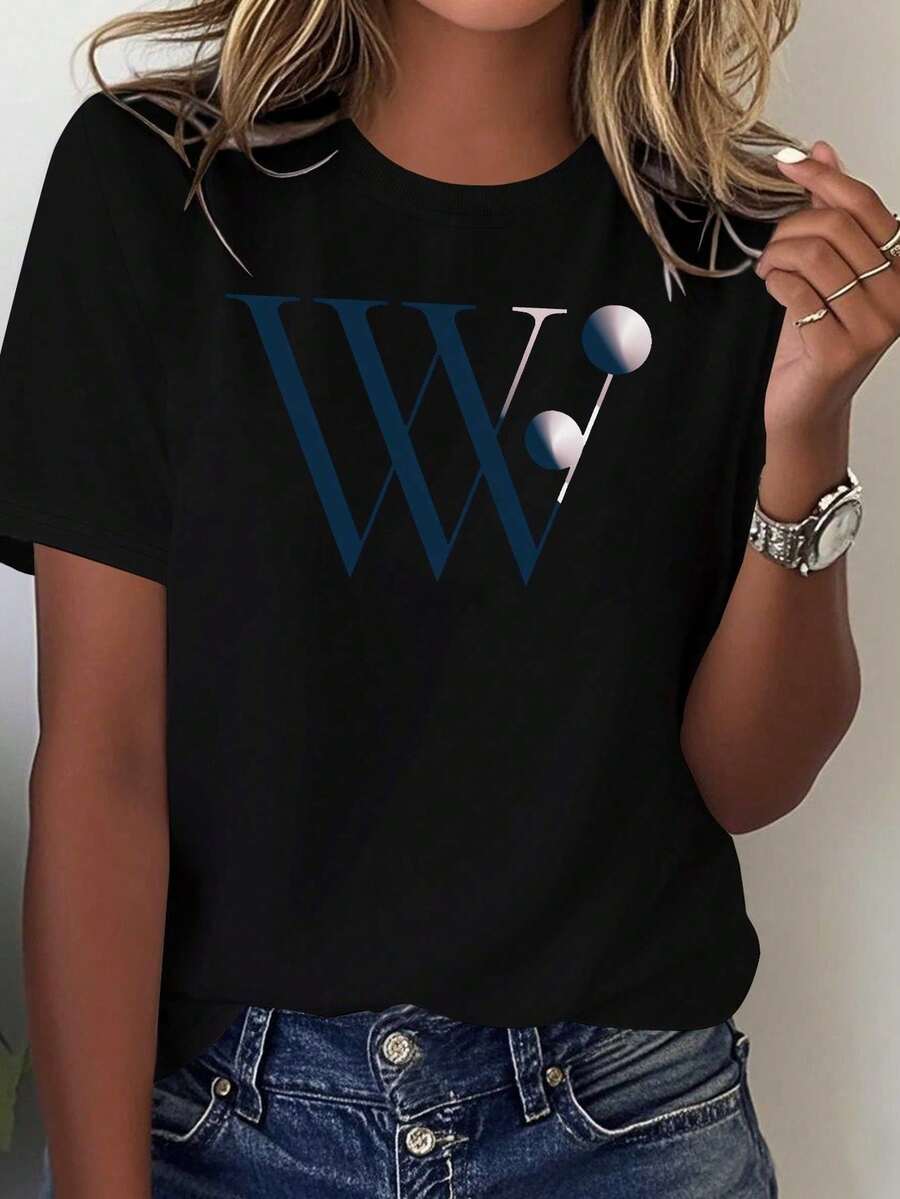 Printed Camisole - 1 Piece Women's Camisole With Modern Minimalist WW Logo - Casual Loose Style, 100% Pure Cotton, Summer Y2K Blouse, Graduation Season Beachwear For Women - 黑色 - 查看 1
