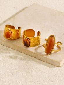 3pcs Stainless Steel 18K Gold Plated Summer Versatile Elegant Luxury Vintage Geometric Gold Oval Ring Set Suitable For Women Daily Wear, Holiday, Beach, Vacation, Party, Travel, Luxury Jewelry Gift - Multicolor - View 3