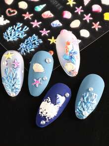 2張5D浮雕海洋美人魚美甲貼紙 夏季海灘美甲貼花 3D貝殼海星珊瑚波浪 自黏式美甲貼片 熱帶海洋美甲裝飾 美甲用品 女款度假美甲 - 彩色 - 查看 7