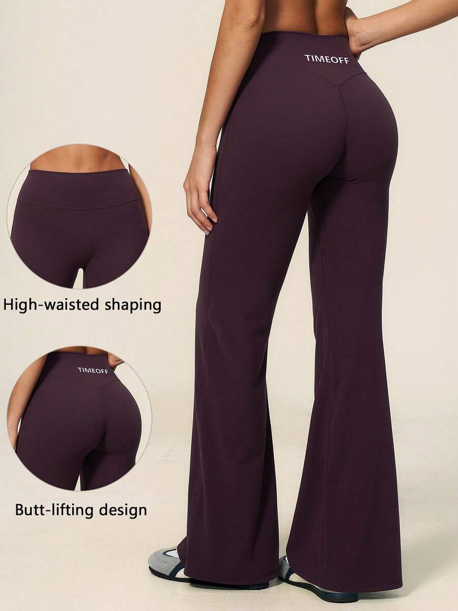 TimeOff Women's 1pc Solid Color High Waist Drapey Butt-Lifting Flared Leg Athletic Pants - Purple - View 1