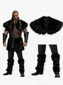 三件套男士维京国王战士斗篷，中世纪文艺复兴舞台服装，人造毛皮袜子和保暖裤，时尚风格 - A - 查看 10