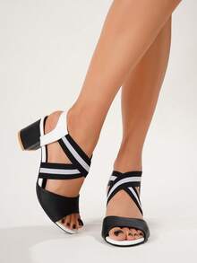 Ladies' Peep-Toe Cross Elastic Band Chunky Heeled Sandals, Casual Black & White Pu Upper Platform Heels,Spring Summer Outfits - Black and White - View 7