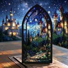 Gothic Stained Glass Fantasy Castle Acrylic Desktop Decor Wooden Starry Sky Bookend House Mori Style Bookshelf Fantasy Enthusiast Gift Decorative Book Room Decor - 1PC - View 8