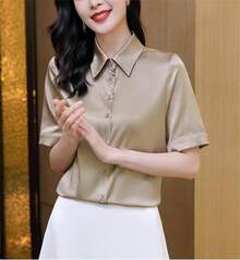 Blusa de satén de seda con botones para mujer, estilo casual, cuello desdoblado, para oficina y dama, Color, Medium - 1 - Ver 3