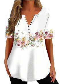 Ceboyel - Camisas Henley con estampado floral para mujer, cuello en V, sexy, casual, de manga corta, blusas elegantes para mujer - Azul #21 - Ver 33