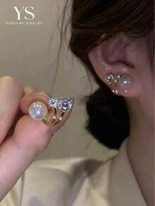 1pair Fashionable European & American Style Faux Pearl Earrings With Rhinestone Detail & Unique Back Design, Elegant Ear Jewelry For Women's Daily Wear - Gold - View 2