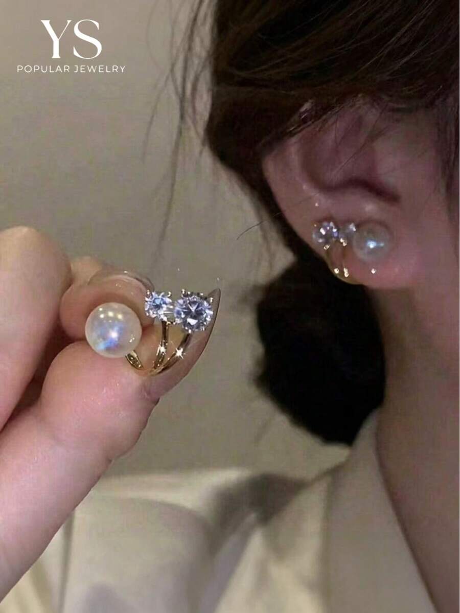 1pair Fashionable European & American Style Faux Pearl Earrings With Rhinestone Detail & Unique Back Design, Elegant Ear Jewelry For Women's Daily Wear