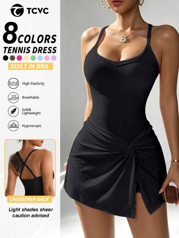 TCVC Spring/Summer New Arrival Women's Solid Color Fashionable High-Stretch Sports Tennis Jumpsuit, V-Neck Vest Tennis Skirt With Built-In Shorts, Suitable For Golf And Yoga, Comfortable And Stylish Design For Sports And Casual Wear
