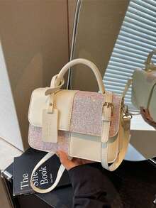 Fashionable Minimalist Premium Sequin Retro Colorblock Women's Handbag With Pendant - Beige - View 5
