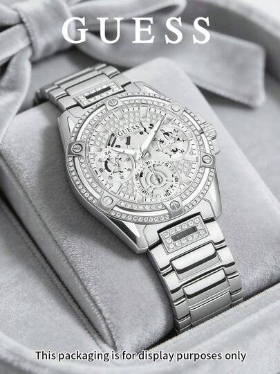 Guess Ladies Bling Wristwatch, Triple Subdials Day Date 24H, Mineral Crystal, 30M Water Resistant Pilot Deployment Clasp GW0464L1