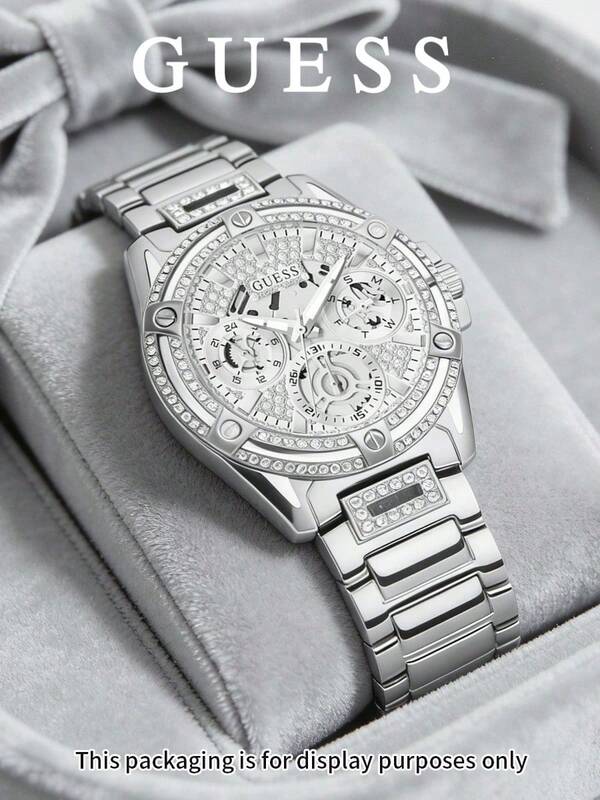 Guess Ladies Bling Wristwatch, Triple Subdials Day Date 24H, Mineral Crystal, 30M Water Resistant Pilot Deployment Clasp GW0464L1