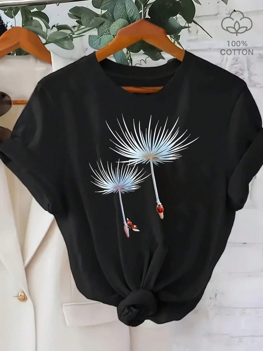 NEW Women's 100% Pure Cotton T-Shirt With Insect And Dandelion Print, Round Neck, Short Sleeve, Comfortable For Home, High Quality Women's Clothing - Unisex T-Shirt - 黑色 - 查看 1