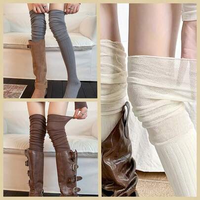 1 Pair Women's Extra Long Loose Knee-High Knitted Socks, Elastic Layered Knee-High Boot Socks, Warm Knitted Tights, Vintage Y2K Style Loose Knee-High Socks, Suitable For Pairing With Knee-High Leather Boots, Autumn/Winter Solid Color Boot Socks Available In Cream White, Coffee Brown, Gray, Comfortable Breathable Lightweight Socks, Suitable For Girls And Young Women, Vintage Western Cowboy Costume Accessories, Daily Casual Street Style