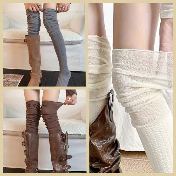 1 Pair Women's Extra Long Loose Knee-High Knitted Socks, Elastic Layered Knee-High Boot Socks, Warm Knitted Tights, Vintage Y2K Style Loose Knee-High Socks, Suitable For Pairing With Knee-High Leather Boots, Autumn/Winter Solid Color Boot Socks Available In Cream White, Coffee Brown, Gray, Comfortable Breathable Lightweight Socks, Suitable For Girls And Young Women, Vintage Western Cowboy Costume Accessories, Daily Casual Street Style