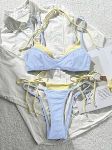 女款比基尼泳衣復古圖案波點條紋休閒時尚套裝，適合度假、肯塔基德比、海邊夏季泳裝 - 天藍色 - 查看 4