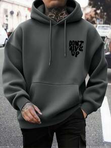 男士秋冬休閒時尚「Don't Give Up」標語印花袋鼠口袋抽繩連帽保暖內裡運動衫 - 深灰色 - 查看 2