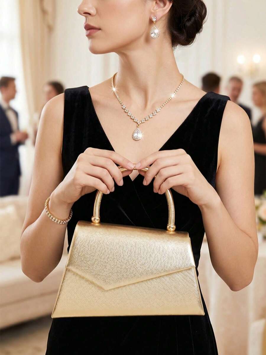 1 Piece White PU Material Flap Clutch Bag With Luxury Metal Decoration, Showing Fashion And Elegance, Suitable For Holding, Carrying, Wearing On The Shoulder Or Crossbody, P - 駝色 - 查看 1