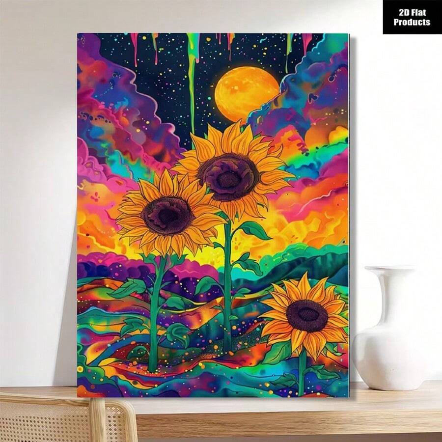 New Arrival! 5D Full Round Diamond Painting Kit [Neon Starry Sky Sunflower], Multiple Sizes Available, Clear Letters, Vibrant Colors, Many Patterns To Choose From, Suitable For Adults And Beginners DIY Frameless Diamond Art, Spring Home Wall Decor Craft, Graduation Gift