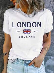 Camiseta de Mujer con Estampado de Letras Vintage de Londres - Cuello Redondo Casual, Manga Corta, Mezcla de Poliéster, Lavable a Máquina - Perfecta para Primavera/Verano - Blanco - Ver 1