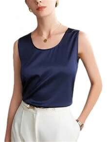 Charmeuse - playera sin mangas de satén para mujer, blusa de verano elegante de satén - Negro - Ver 9