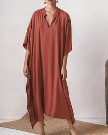 Bsubseach Mujer Vestido de Verano Kaftán para Playa de Seda Cuello en V Manga de Murciélago - B-Blanco - Ver 6
