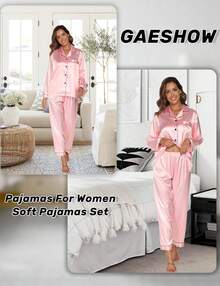 GAESHOW Conjunto de Pijamas de Mujer con Manga Larga de Satén Top Botones y Pantalones Pijama de Seda Ropa de Dormir - Rosa - Ver 5