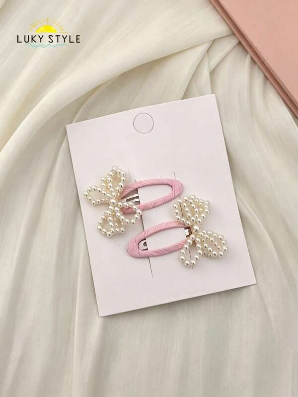 2 pares de pinzas para el cabello con lazo de perlas laterales para niñas, pinzas BB antideslizantes con ribete de tela de perlas falsas, pinzas para flequillo de estilo ballet francés dulce, adecuadas para Pascua, Día de la Madre, graduación, baile de graduación, cumpleaños, Navidad, Año Nuevo, primavera/verano, picnic diario y fiesta