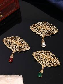 1pc Court Style Gold-Plated Women's Brooch With Hollow Carved Design And Artificial Gemstone Pendant, Wedding Holiday Jewelry Pin (Women's Small Brooch) - Multicolor - View 3