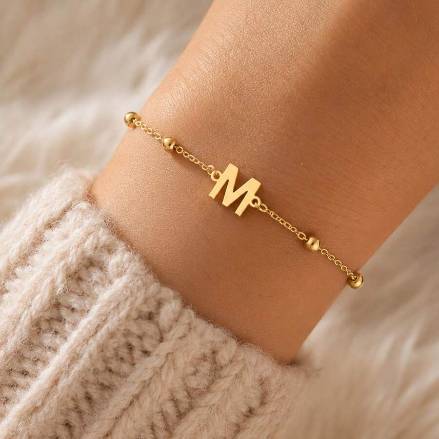 1 buah Gelang Rantai Manik-Manik Huruf Modis dari Baja Tahan Karat untuk Wanita - Huruf baja tahan karat emas - View 1