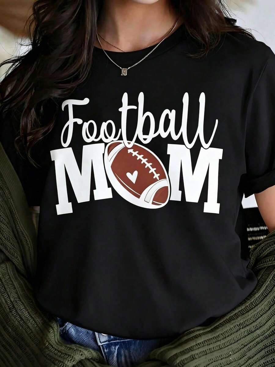 Women's White "Football MOM" T-Shirt With Heart, American Football Short Sleeve, Cute For Game Day, Casual Mom Blouse, School Events. - 黑色 - 查看 1