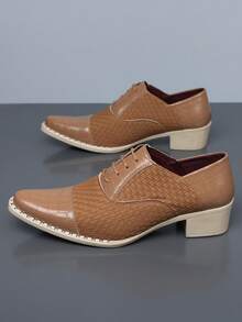 QRLQRL 1 Pair Men's Woven Crocodile Pattern Square Toe Low-Top PU Upper Rubber Sole Comfortable Business Casual Shoes - Khaki - View 1