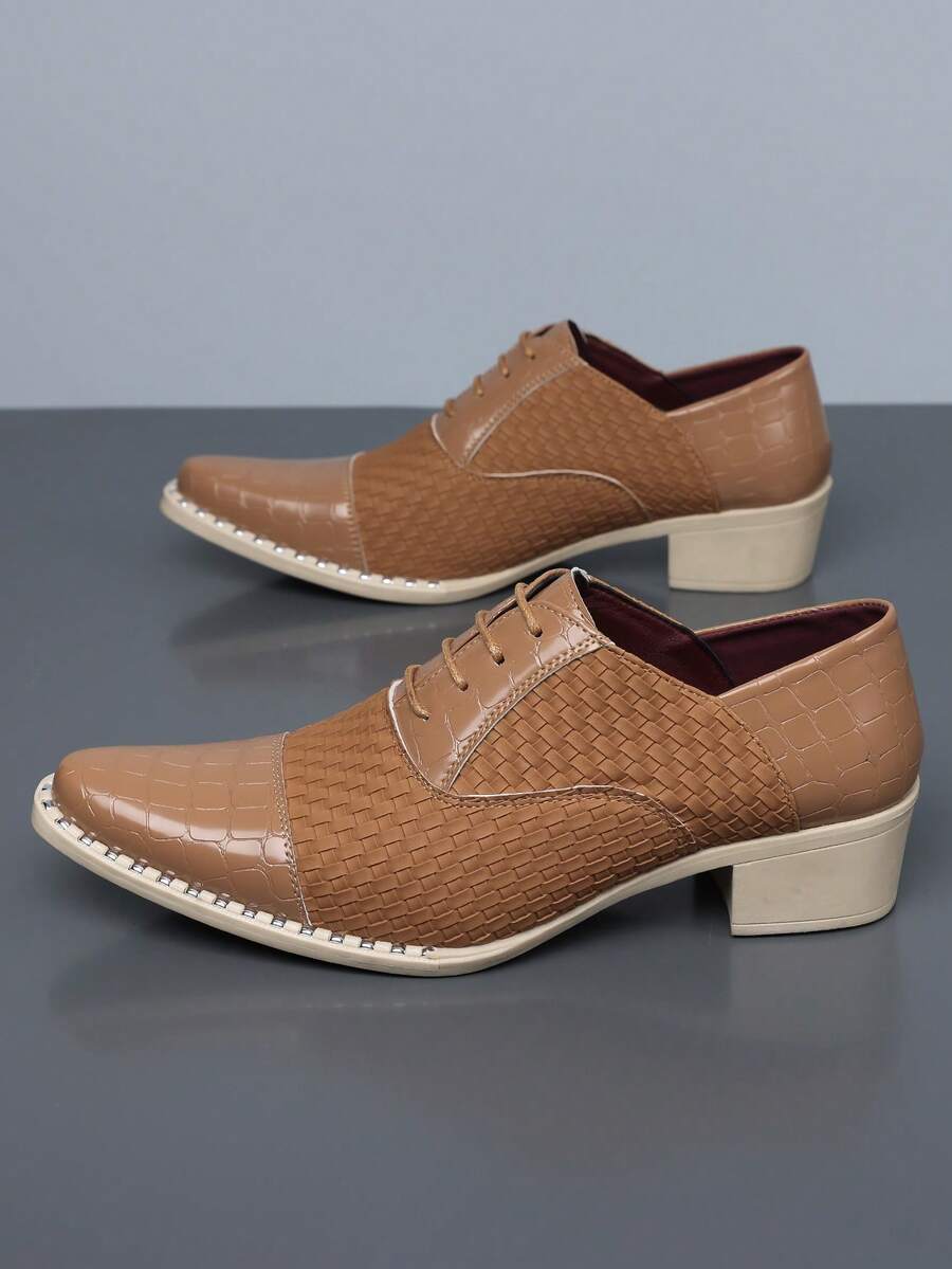 QRLQRL 1 Pair Men's Woven Crocodile Pattern Square Toe Low-Top PU Upper Rubber Sole Comfortable Business Casual Shoes - Khaki - View 1